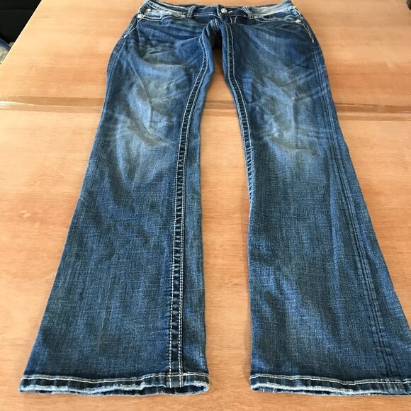 Miss Me Bootcut Jeans Women 31 Blue Low Rise Rhinestone Flap Pocket Thick Stitch - Picture 2 of 16